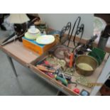 Contents to two trays - a walking stick with horn handle and silver mount, brass jam pan,