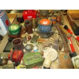 Contents to tray - assorted tins, bolt croppers etc.