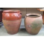 Two earthenware salt glazed pots - 48cm and 40cm high.
