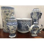 5 x items of blue and white oriental ceramics, tall elephant handle vase, umbrella stand,