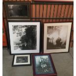 Five photo prints, Great Flood, Batley Carr, 1925, canal scene, steam train, etc.