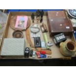 Contents to tray - wooden cigar boxes, Crown Devon vase, Matchbox die cast cars, Oriental ornaments,