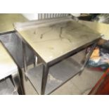 A stainless steel two shelf preparation table 90 x 90cm
