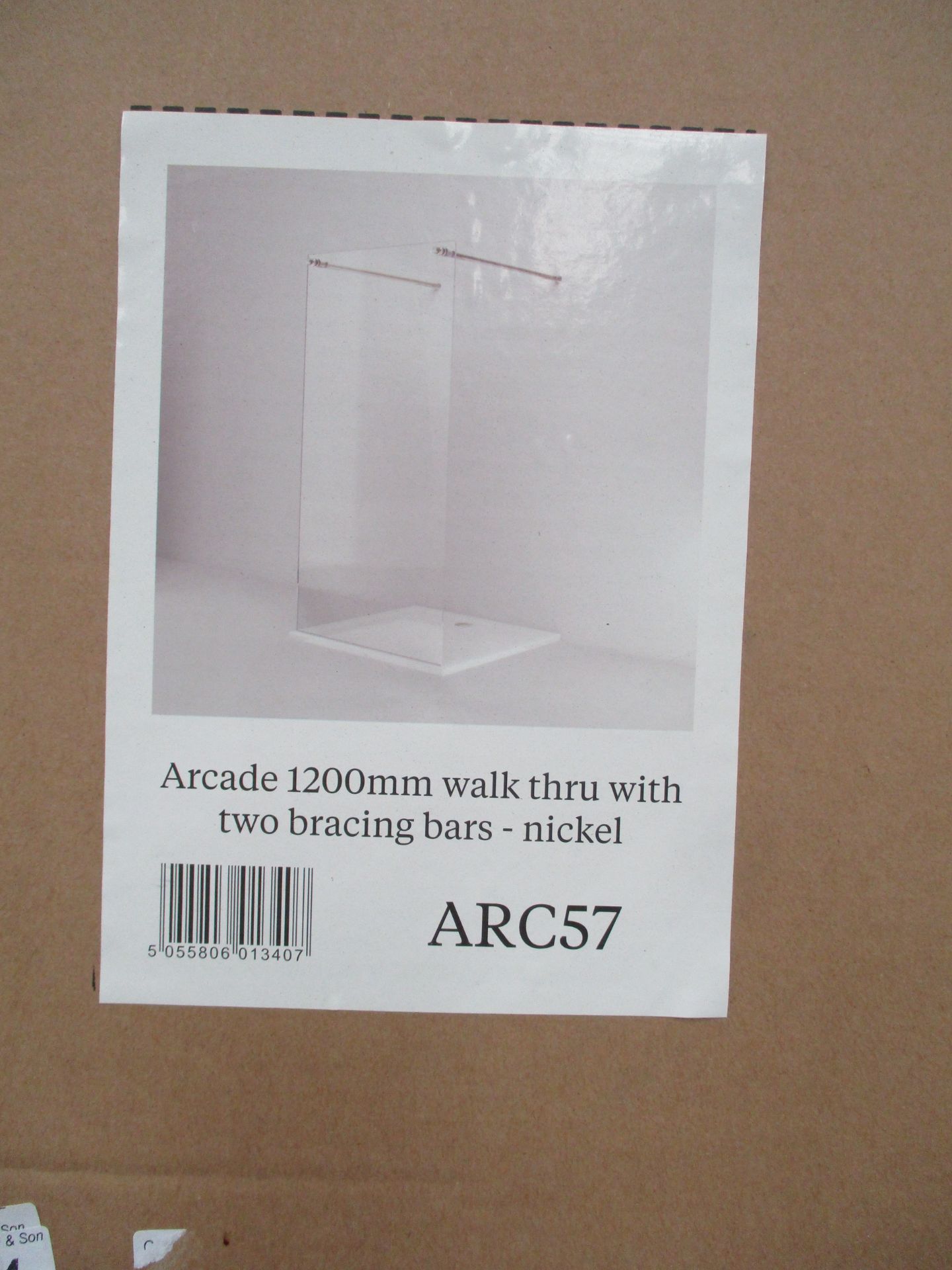 An Arcade 1200mm walk thru shower screen with two bracing bars nickel framed model ARC57 (boxed)