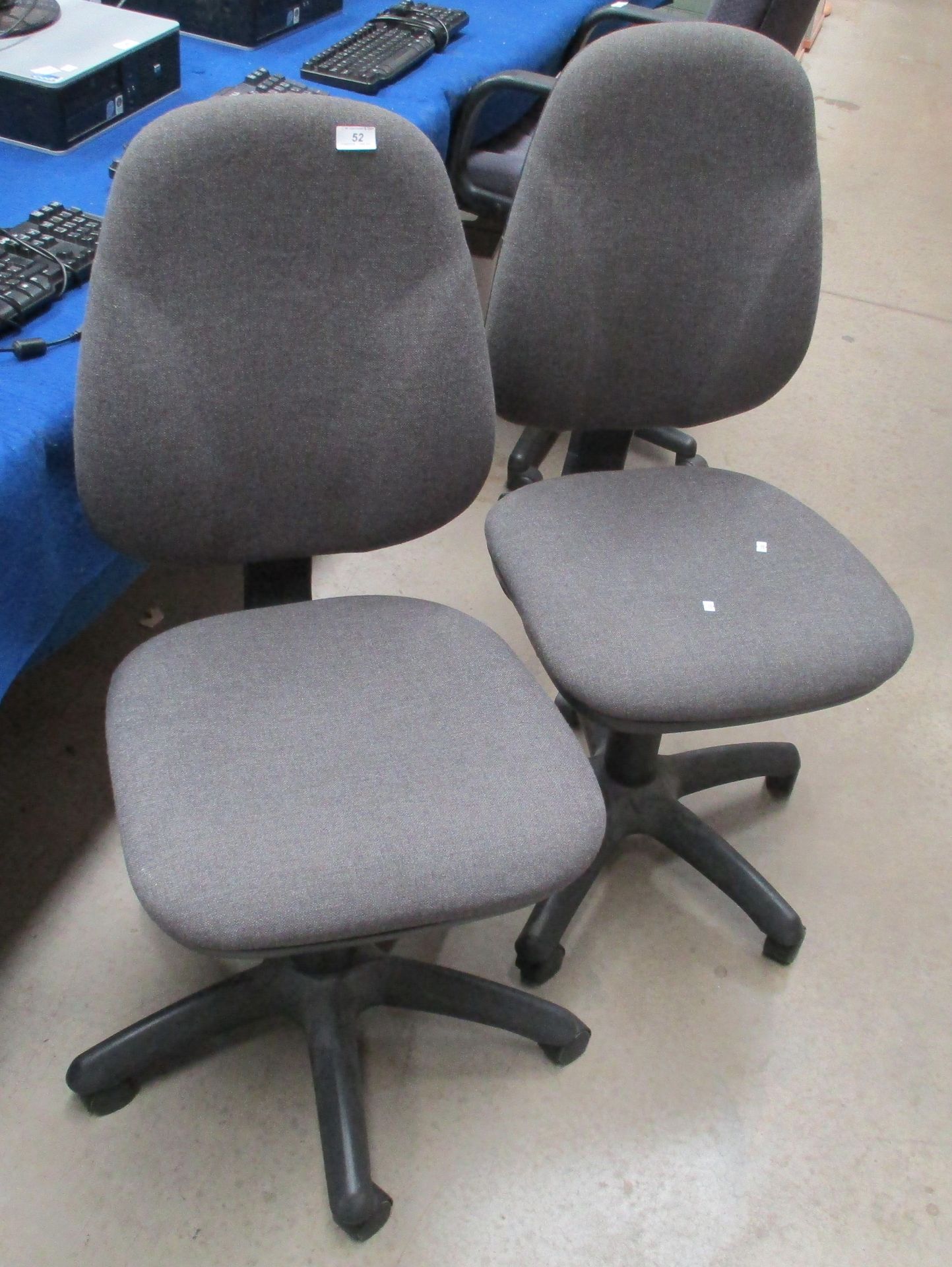 2 x grey upholstered operators swivel chairs