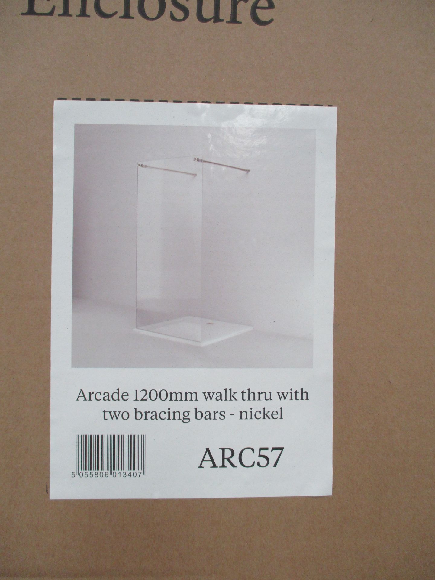 An Arcade 1200mm walk thru shower screen with two bracing bars nickel framed model ARC57 (boxed)