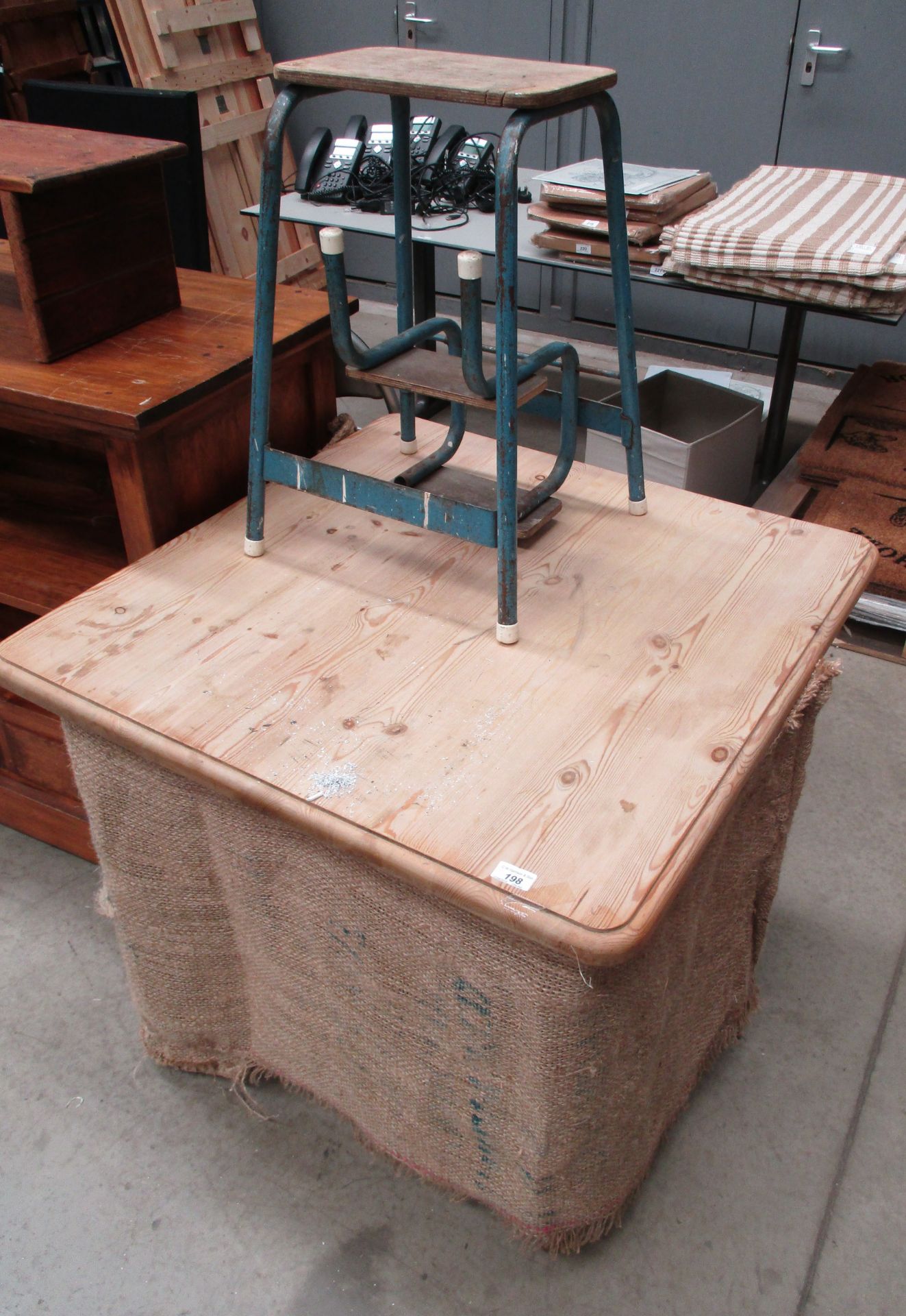 A square pine dining table 80 x 80cm and a folding blue metal step (2)