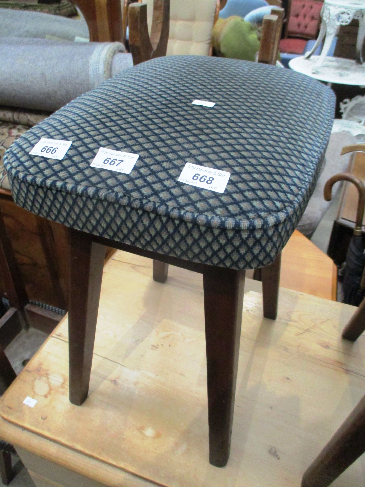 4 x green and dark blue diamond pattern upholstered pub stools on wood bases