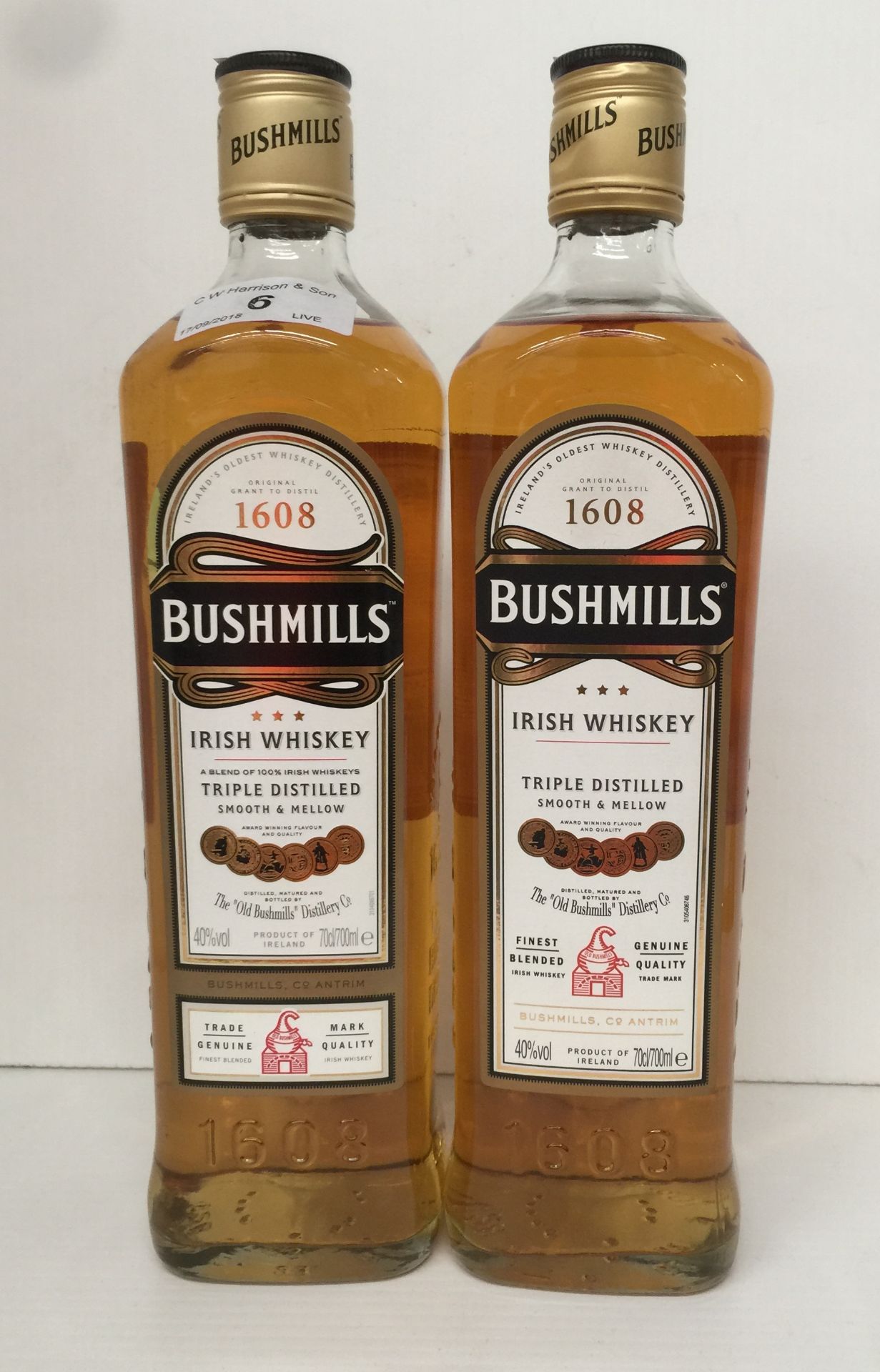 2 x 70cl bottles of Bushmills Triple Distilled Irish Whiskey