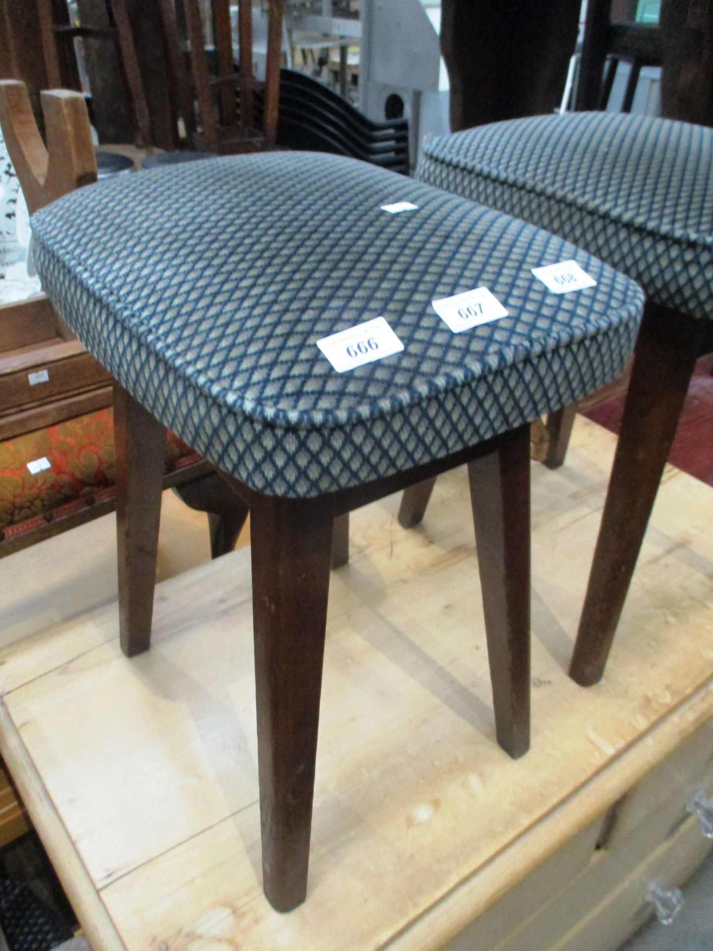 4 x green and dark blue diamond pattern upholstered pub stools on wood bases