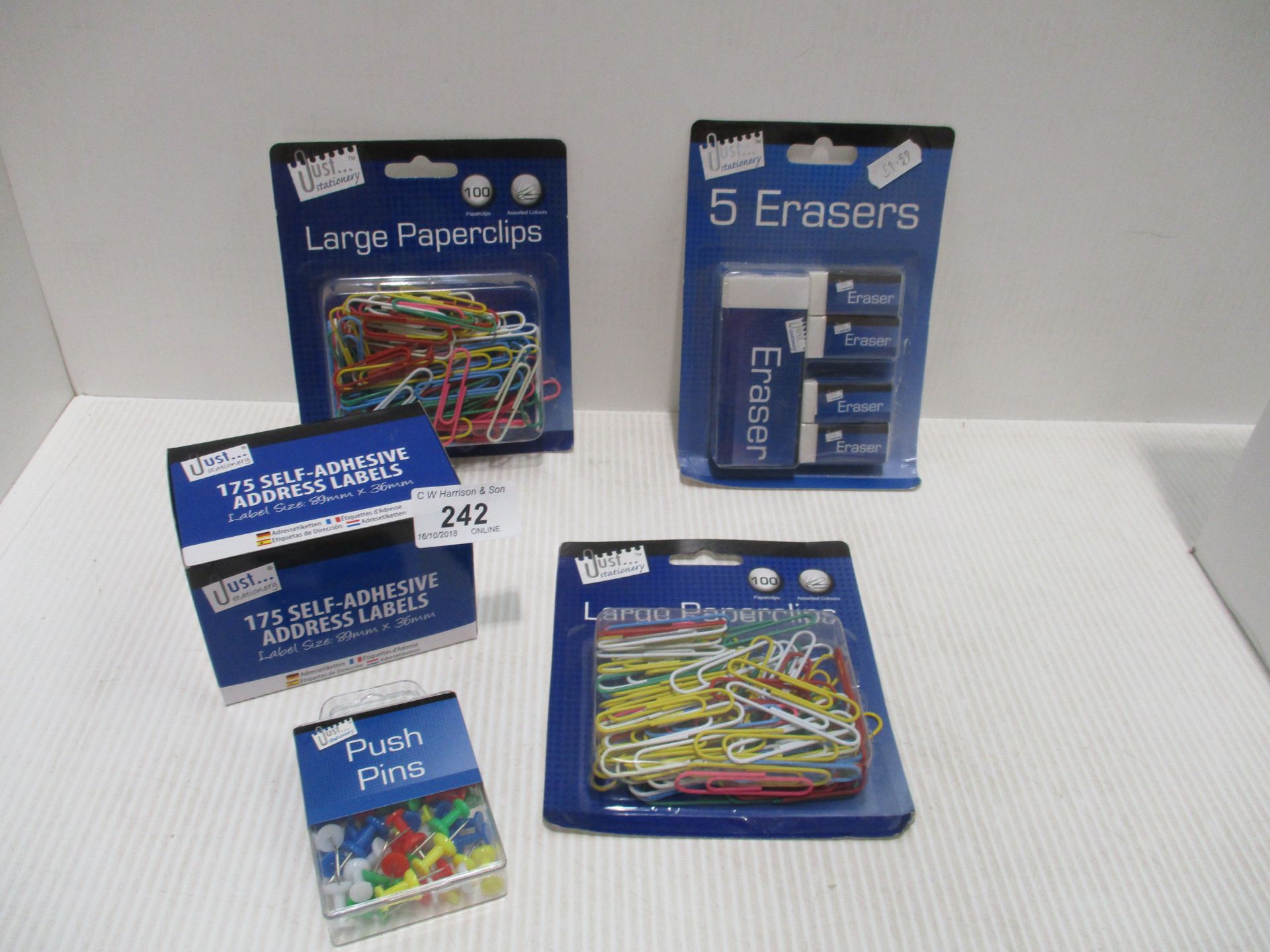 Contents to box - 50 x items - packs of 5 erasers, packs of large paper clips,