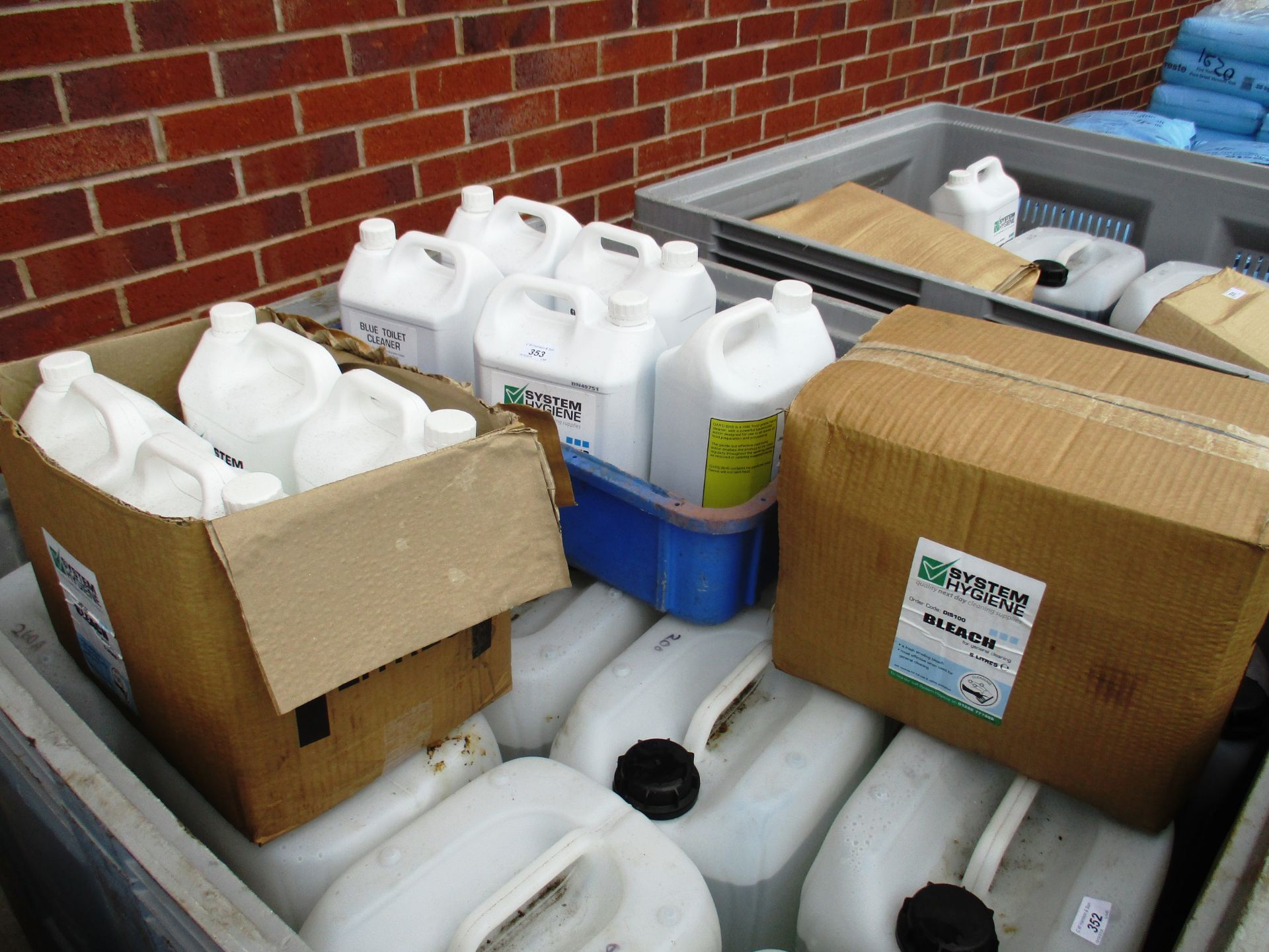 13 x 5kg containers of System Hygiene bleach and blue toilet cleaner, etc.