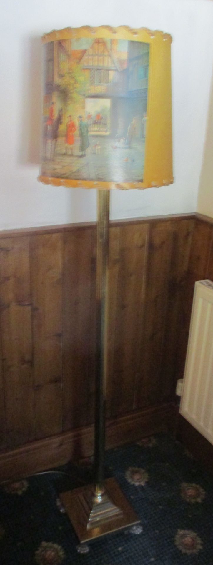 Brass standard lamp with Coaching Inn shade