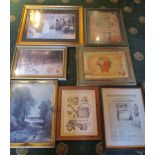 Seven framed prints, The Bridge, Sheep in Winter, Shepherd Boy Drinking, Plants,