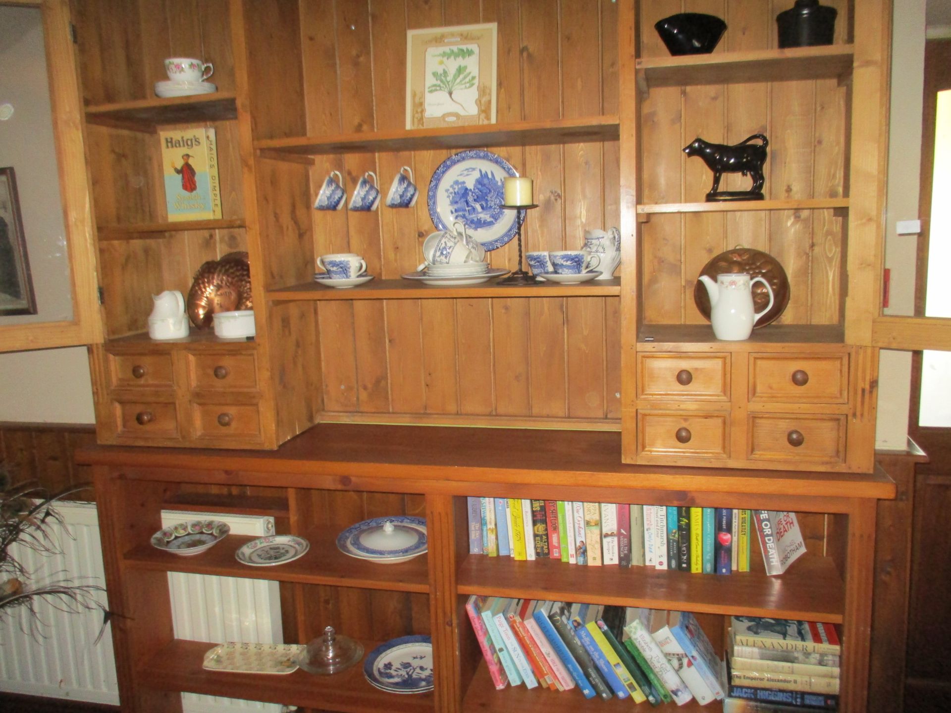 Contents to dresser top and bookcase [excluding trophies] - Haig's Dimple boxed bottle [empty],