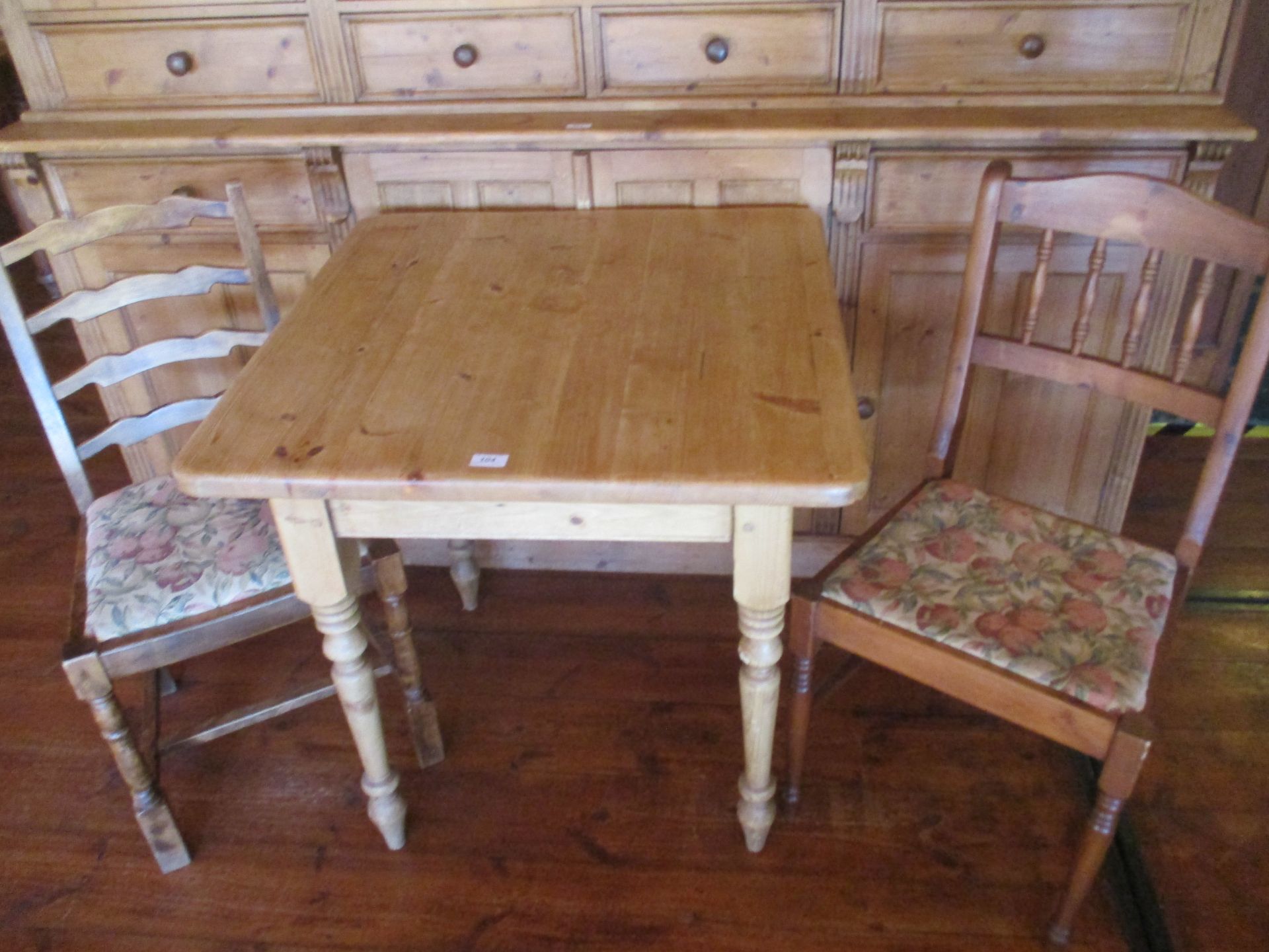 Pine dining table 76cm x 76cm with two unmatched dining chairs - one ladder back,