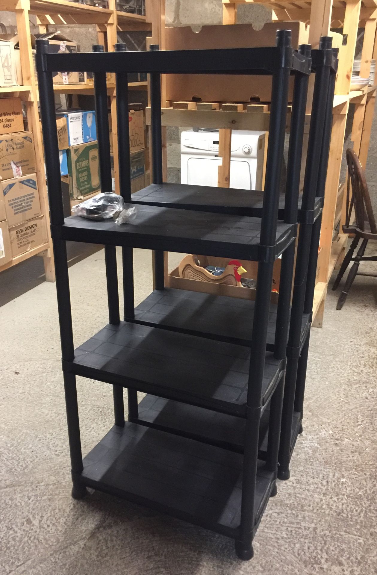 2 x black plastic four shelf storage racks - 60cm x 30cm x 140cm high