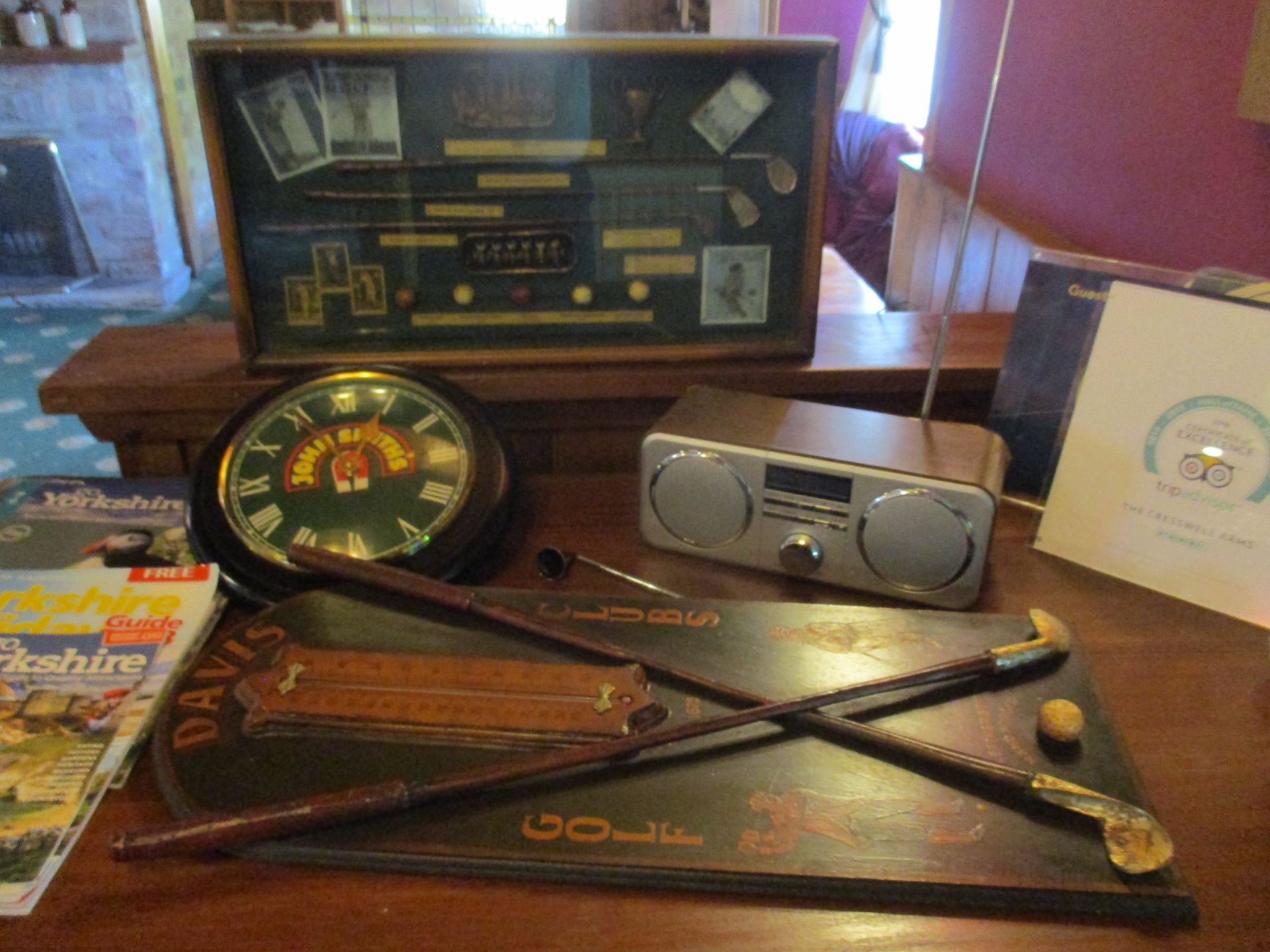 5 x items - Tesco radio alarm, John Smiths battery clock, Davis golf thermometer,