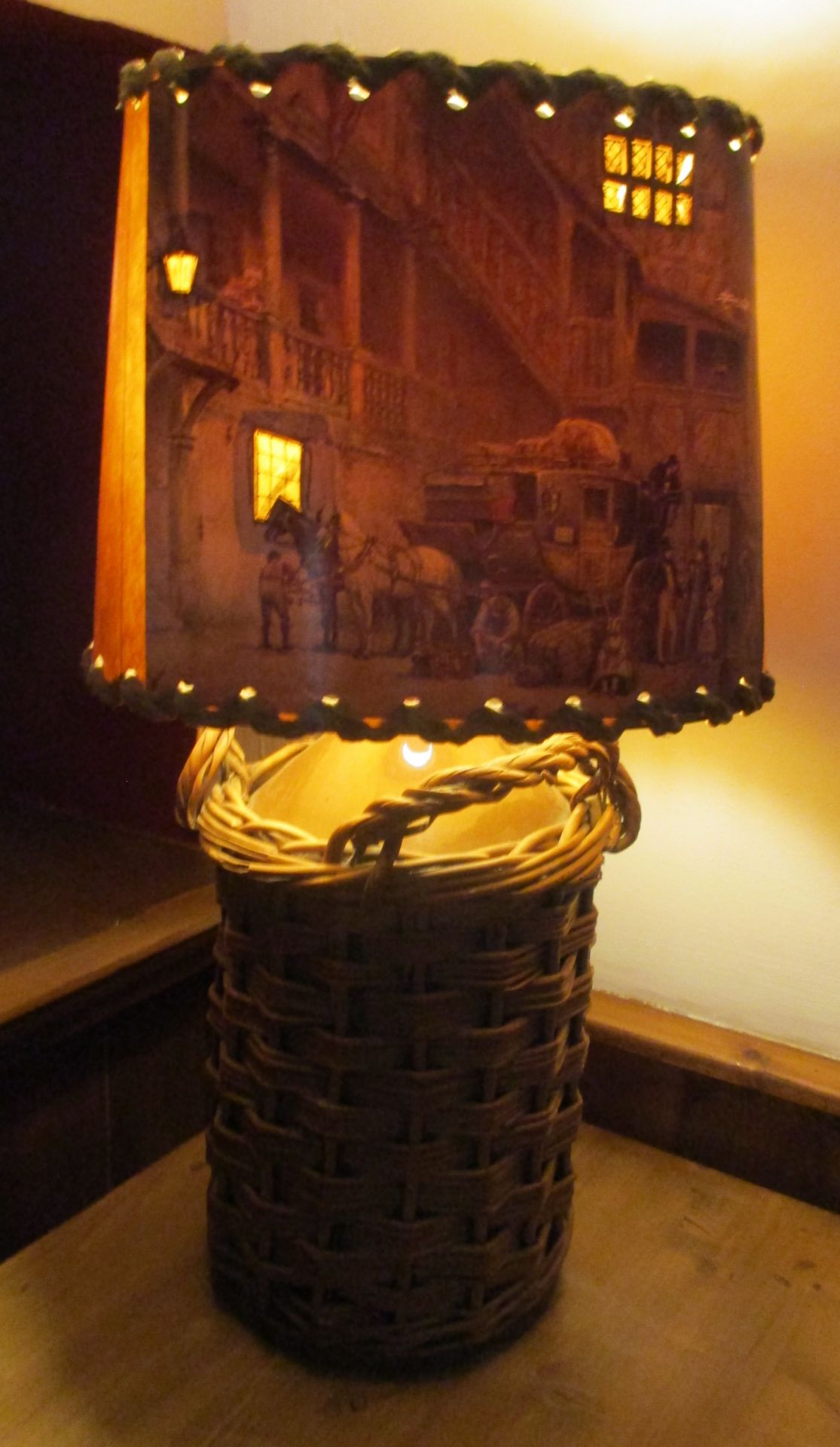 Scarborough & Whitby ceramic flagon in wicker basket - connected to table lamp,