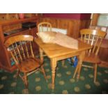 Pine dining table 75cm x 75cm x 77cm with two oak spindle back dining chair,