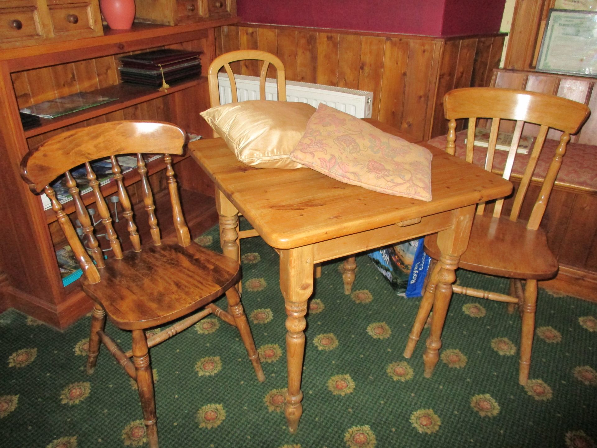 Pine dining table 75cm x 75cm x 77cm with two oak spindle back dining chair,