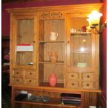 Pine dresser top, two glass fronted cupboards,