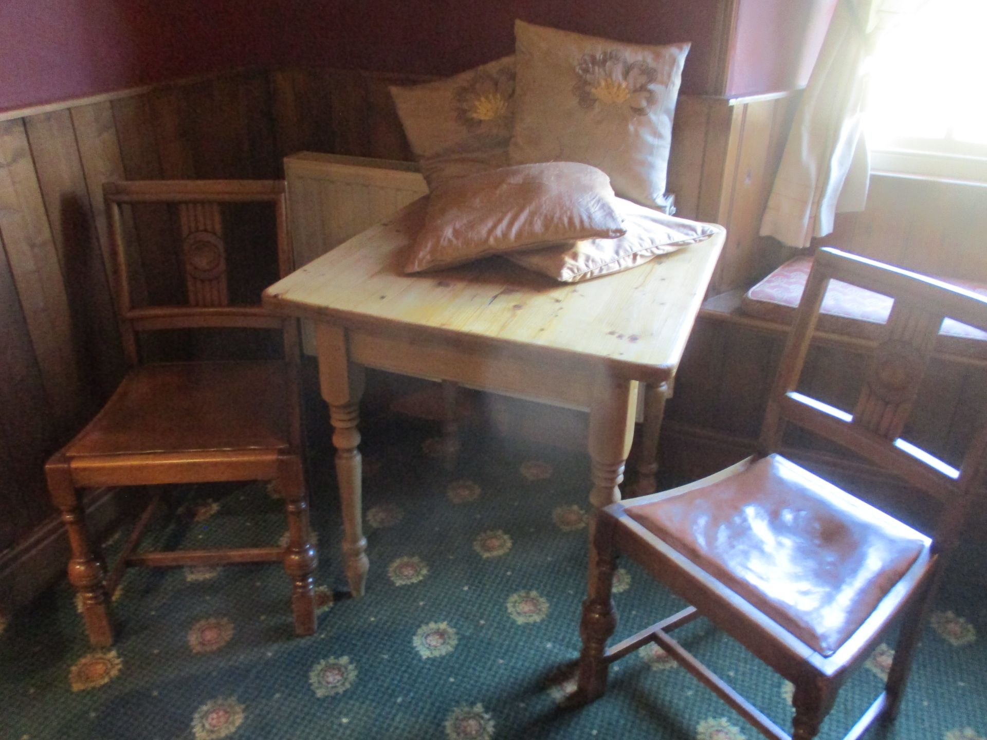 Pine dining table 75cm x 75cm x 77cm with two oak dining chairs with brown leatherette seats and 4