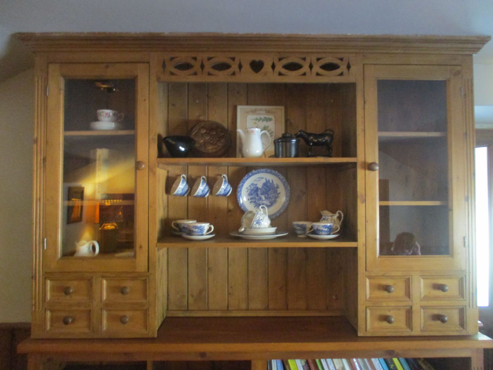 Pine dresser top comprising two glass cupboards, four spice drawers,