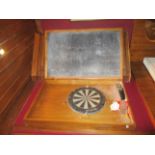 Dartboard in pine cupboard with blackboard back and front 113cm x 72cm including darts, chalk etc.