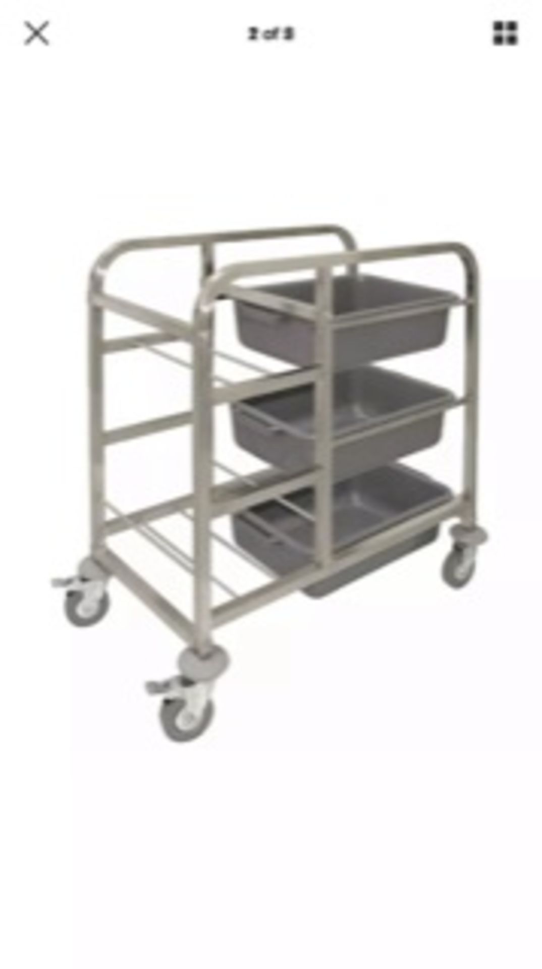 1 x Vogue stainless steel bussing/cleaning trolley 820w x 440d x 900h mm(boxed) with 3 tote boxes