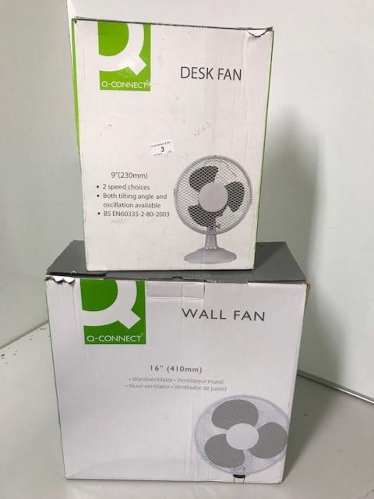 1 x 16" 3 speed oscillating wall fan and 1 x 9" 2 speed desk fan