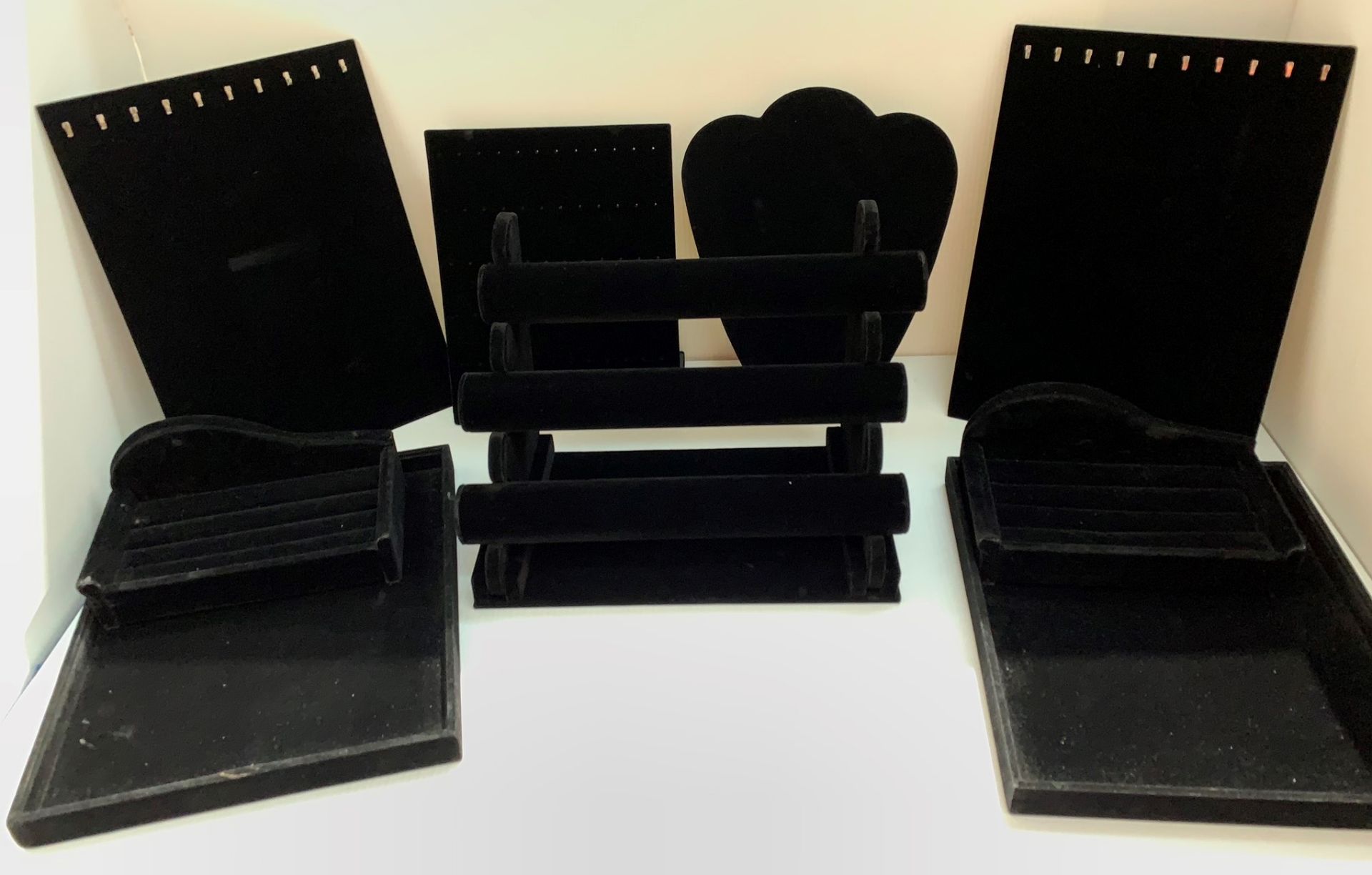 Assorted black jewellery display stands (in plastic lidded box)