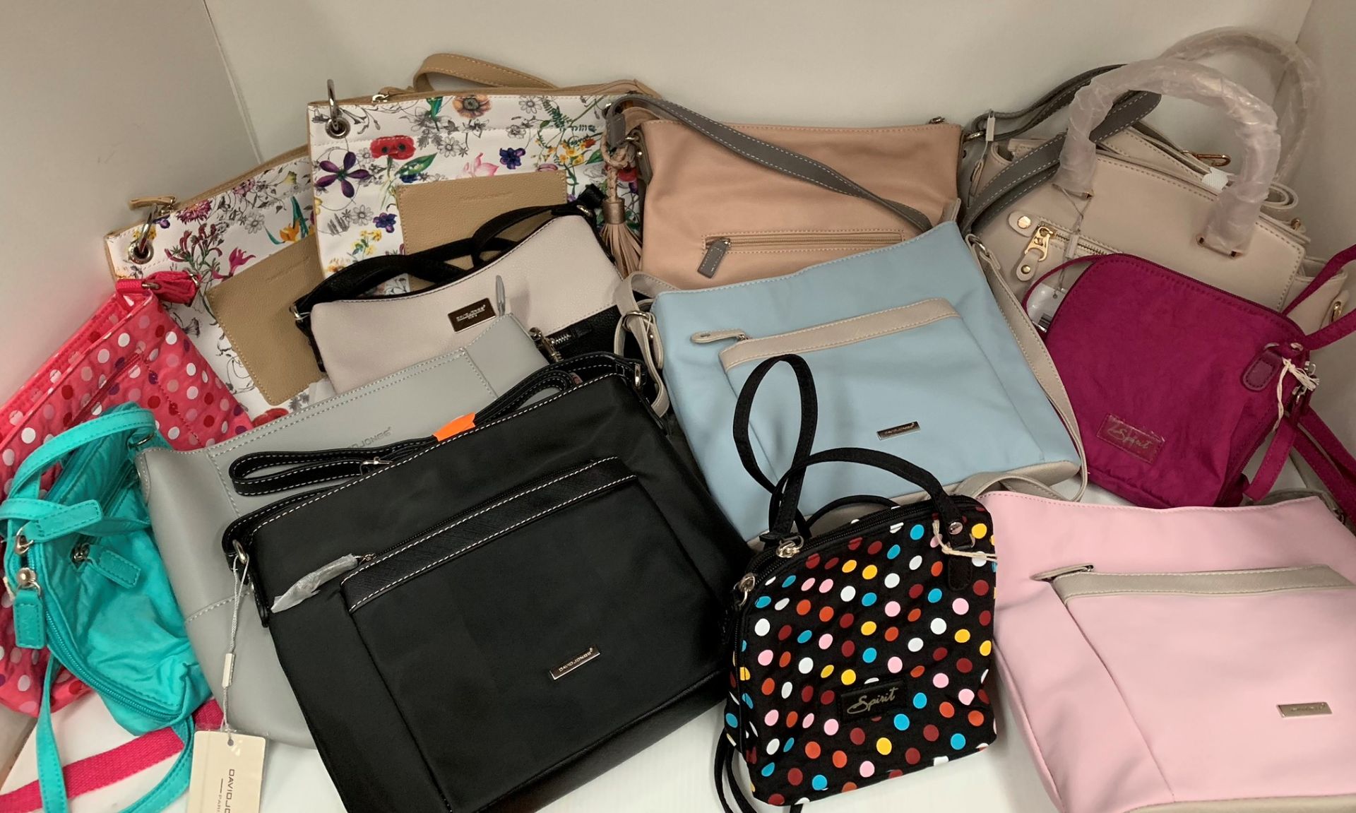 13 x assorted handbags by David Jones, Spirit, etc.