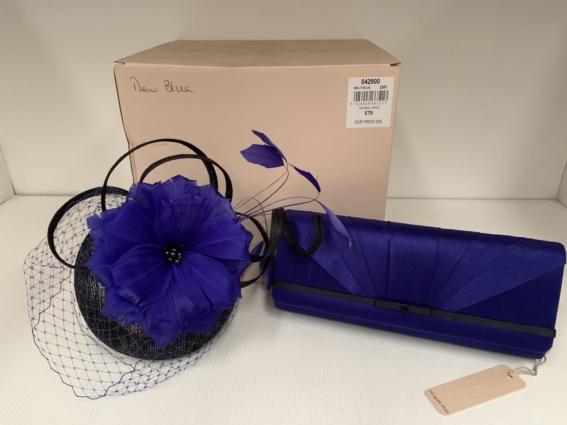 Jacques Vert multi-blue fascinator and matching handbag