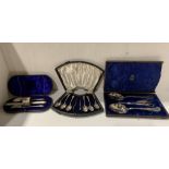 A set of six silver spoons and sugar tongs, a child's silver cutlery set and a plated serving set,