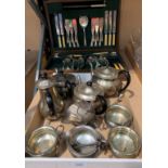 Part canteen of cutlery in oak case and collection of silver plated ware