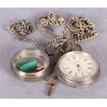 A silver-cased pocket watch with centre seconds chronograph movement signed "M.