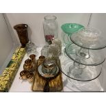 Glass cake stands, onyx book ends, lustre coffee cans and saucers etc.