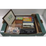 Contents to tray - coins and notes, precision instruments, children's card games,