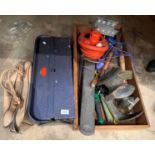 An assortment of household tools, Flymo Easi-Trim D420, etc.