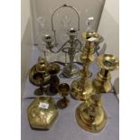 A pair of brass candlesticks, Tantalus, plated candelabra, etc.
