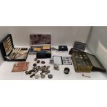 Contents to tray - South African 1947 five shilling, GB and foreign coins,