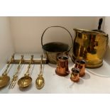 Brass and copper ware including coal scuttle, jam pan, measuring jugs etc.