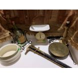 Dinner gong, kitchen scales, chamber pot, lamp, sherry bottle on stand, etc.