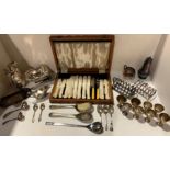 A canteen of six silver plate fish knives and forks and a collection of silver plated ware - toast