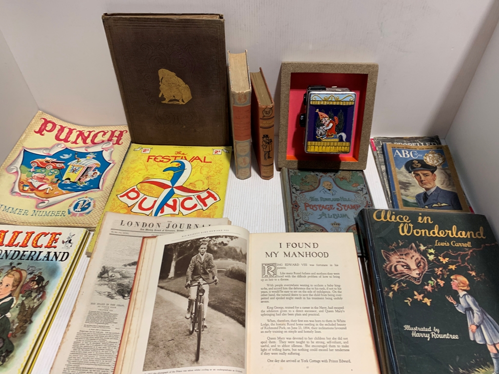 Punch book, annuals and painted camera, Alice in Wonderland books,