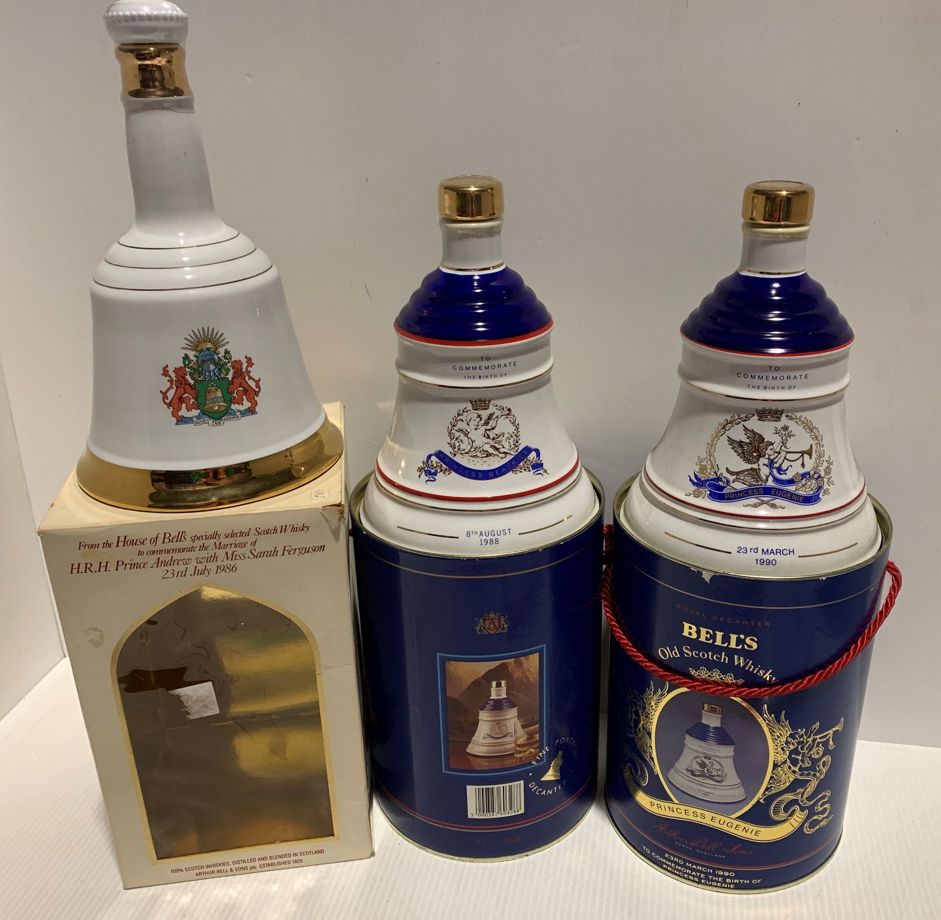 3 x Bells commemorative decanters, Prince Andrew and Sarah Ferguson marriage,