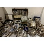 Contents to two trays - a collection of silver plated ware including cutlery set, tea set,