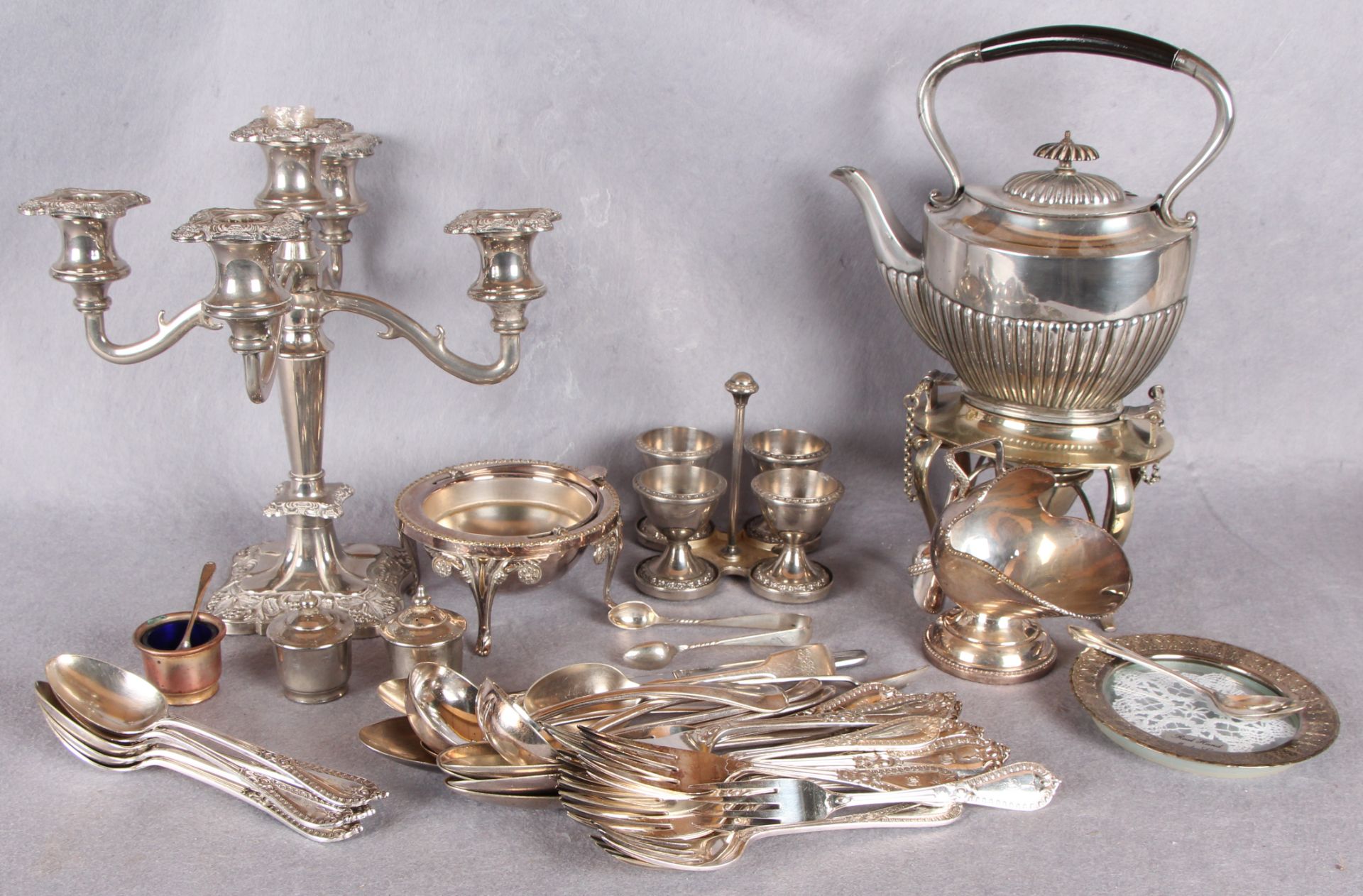 Plated wares including a spirit kettle with stand and burner,