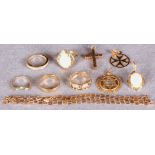 A small quantity of modern gold and gem set jewellery, comprising five assorted rings,